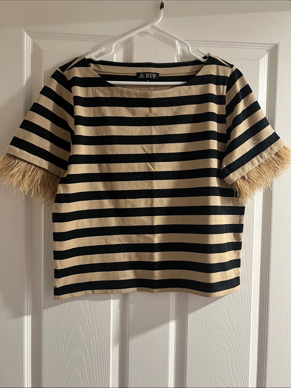J. Crew Black and Tan Striped Short Sleeve Top with Feather Trim Sleeves